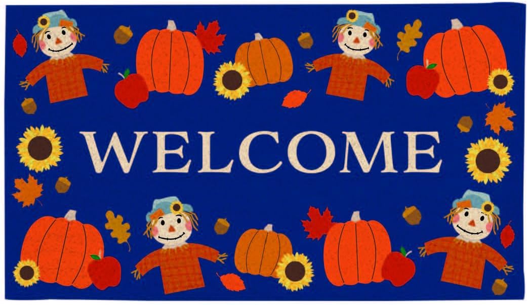 Evergreen Flag Fall Pumpkin Door Mat | Front Door Welcome Mat for Outdoor Indoor Entrance | 28x16 Inches | Non-Slip Doorway Autumn Doormat | Thanksgiving Scarecrow Decor for Porch Patio Floor