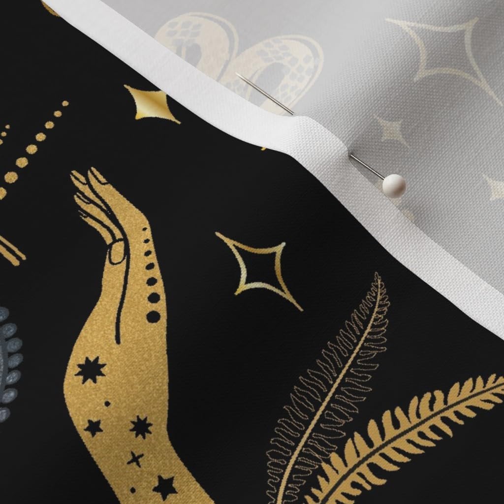 Spoonflower Fabric - Celestial Witch Black Stars Gold Keys Sun Ferns Printed on Petal Signature Cotton Fabric by The Yard - Sewing Quilting Apparel Crafts Decor