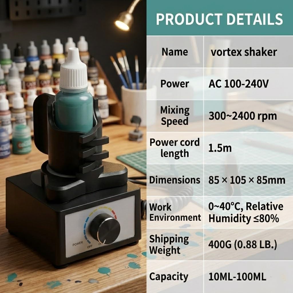 Vortex Mixer, kompatibel mit Hobby-Modellfarben, Acryl und Nagellack, 2400 U/min, einstellbare Geschwindigkeit, Farbstreuer für 10–100 ml Behälter, Freisprech-Labor-Mixer mit stabilem Saugfuß