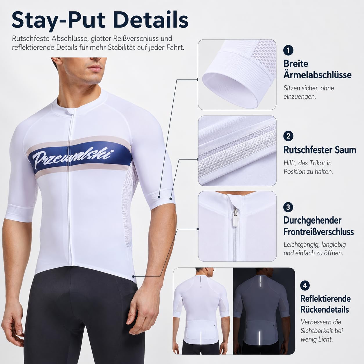 Przewalski Herren Radtrikot Kurzarm Atmungsaktiv mit Taschen | 4-Wege-Stretch Kompression, Mesh-Rücken, 6 Taschen inkl. Zip, rutschfest & reflektierend, Rennrad