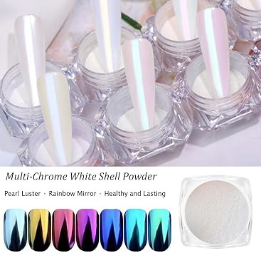 7 Colors White Pearl Chrome Nail Powder - BISHENGYF Aurora Metallic Nail Chrome Powder Holographic Mirror Effect Chrome Powder, Iridescent Shell Powder Glitter Nail Pigment Powder