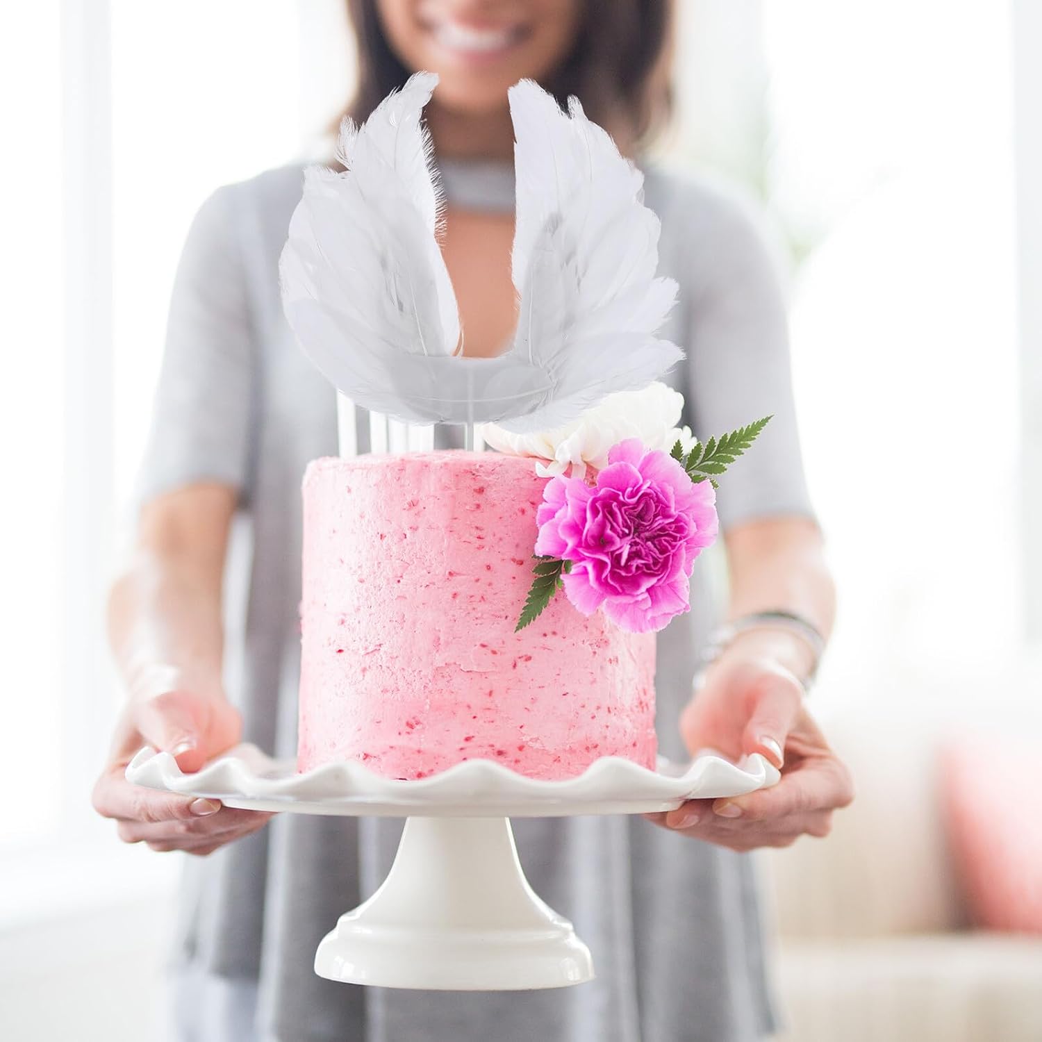Plume Cake Topper Set, Large Angel Wings Decorations, White Black 6pcs Non-edible Cake and Cupcake Inserts for ’s Birthday Party Supplies