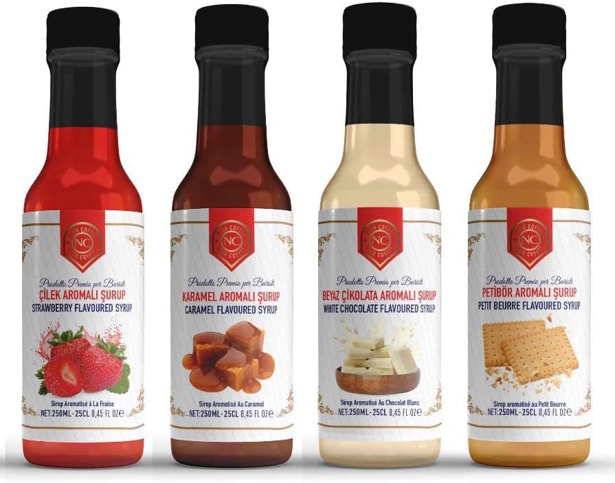 Nish Çilek, Karamel, Beyaz Çikolata, Petibör Aromalı Şurup 4'lü Set (4x250 ML) - Cam Şişe