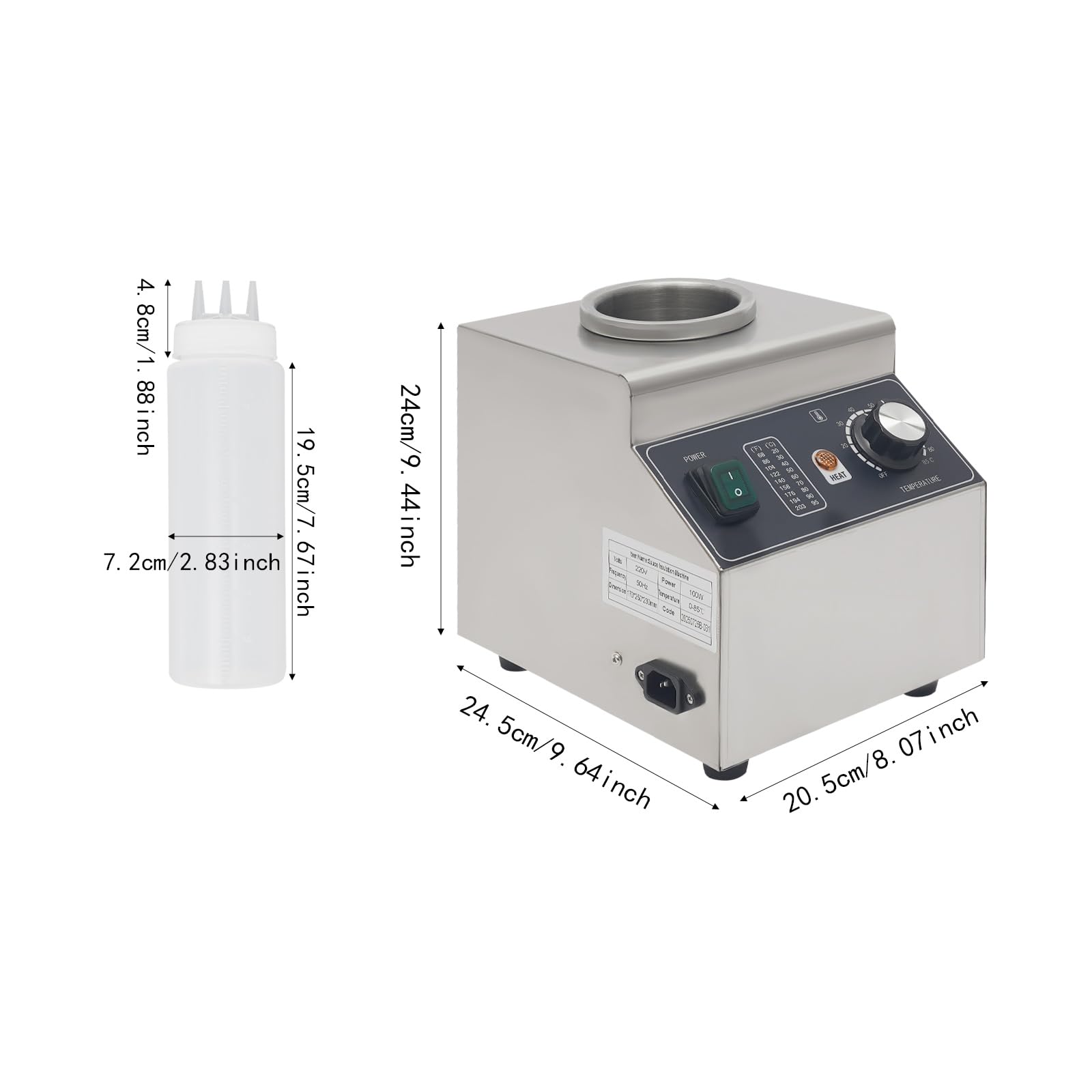 Chauffe-sauce électrique 100W en acier inoxydable, chauffe-fromage pour sauces, fromage, chocolat, chauffe-sauce avec bouteille de 680 ml à pression, réglable de 30°C à 85°C