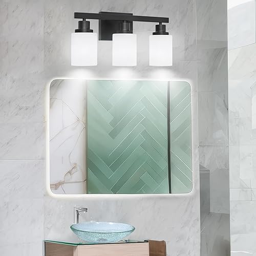 Miniatura 7 de Lámparas de baño de 3 luces sobre el espejo, modernas luces de tocador negras mate con pantalla de vidrio esmerilado blanco, apliques de pared de