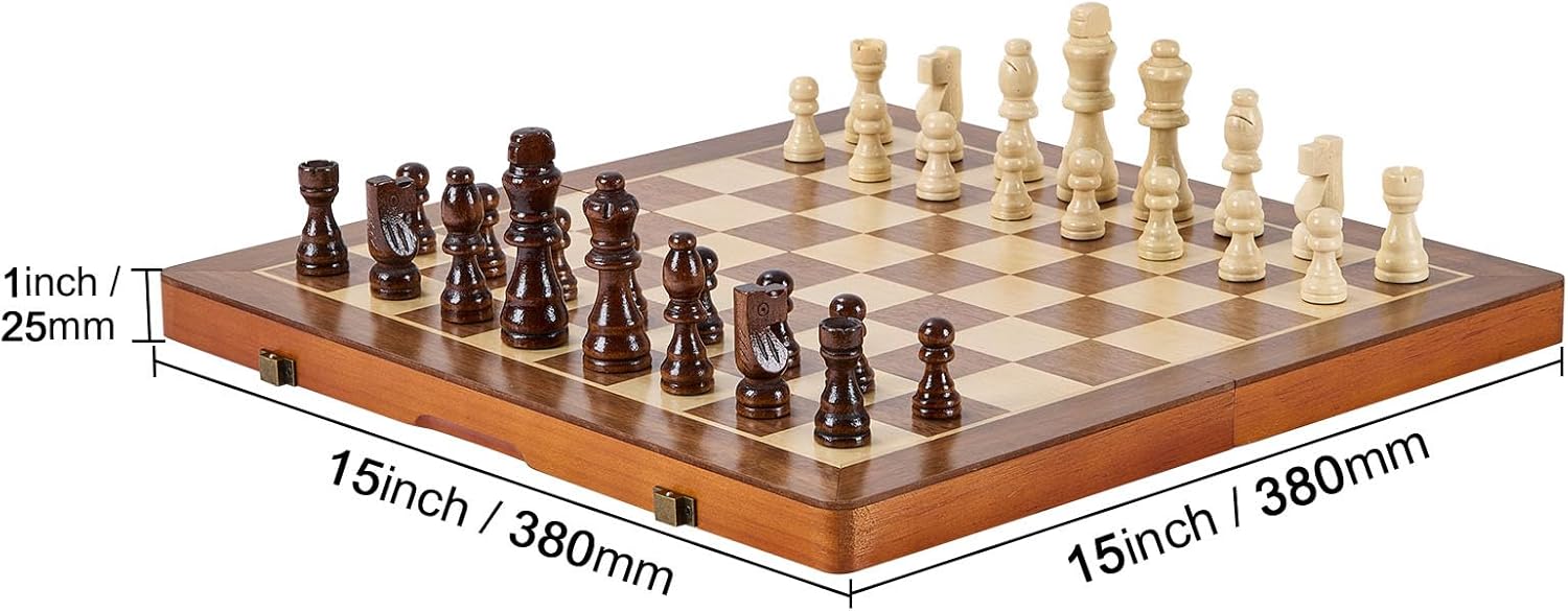 Happybuy 15-Inch Magnetic Wooden Chess Set, 2-in-1 Checkers & Chess Game for Adults & Kids, Folding Travel Chess Board with 2 Queens, Portable Tournament Set for Beginners and Professionals