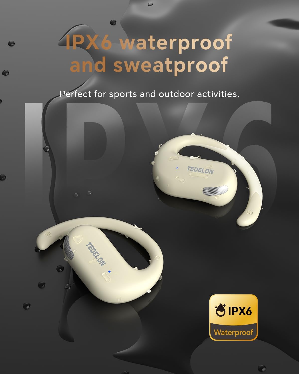 Open Ear Headphones Bluetooth 5.4: 50H Playtime Wireless Earbuds, 16.2mm Drivers, IPX6 Waterproof, LED Display, Comfort Fit for Running, Cycling, Workouts, Beige