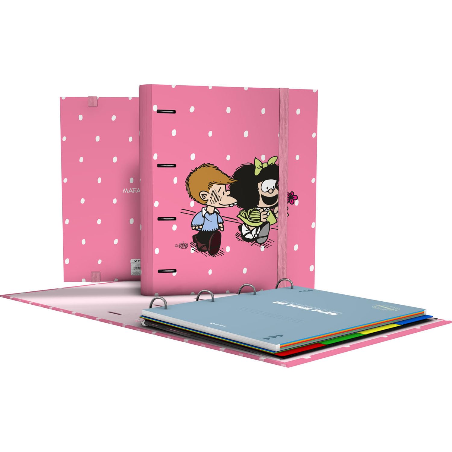 Grafoplas - A4 Mafalda Friends Ring Binder with Refill + Dividers + Planner + Stickers + Transparent Envelope, Carpebook, Perfect for Students