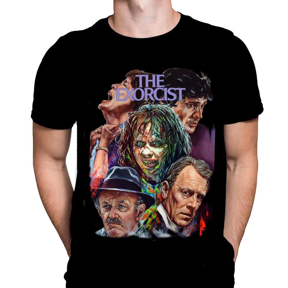Exorcist Collage Mens T-Shirt Gothic Horror Print, Black Cotton T-Shirt, Movie Poster Tee