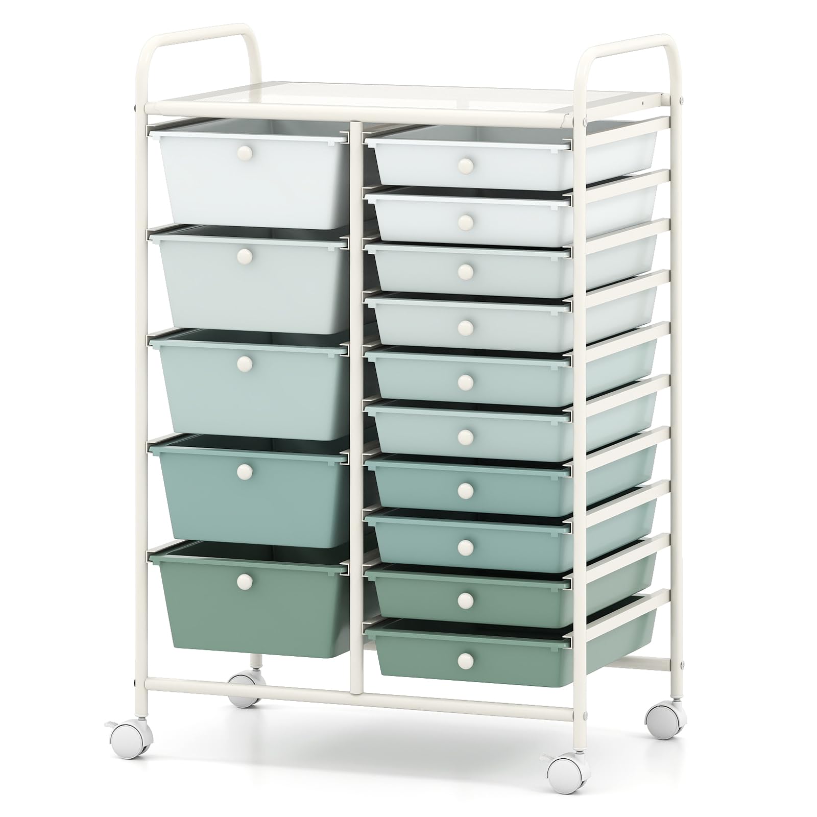 COSTWAY 15 Drawers Storage Trolley, Home Office Stationary Rolling Cart with 4 Wheels, Multipurpose Mobile Organiser Shelving Unit for Makeup Beauty (63 x 37 x 87cm, Gradient Green)