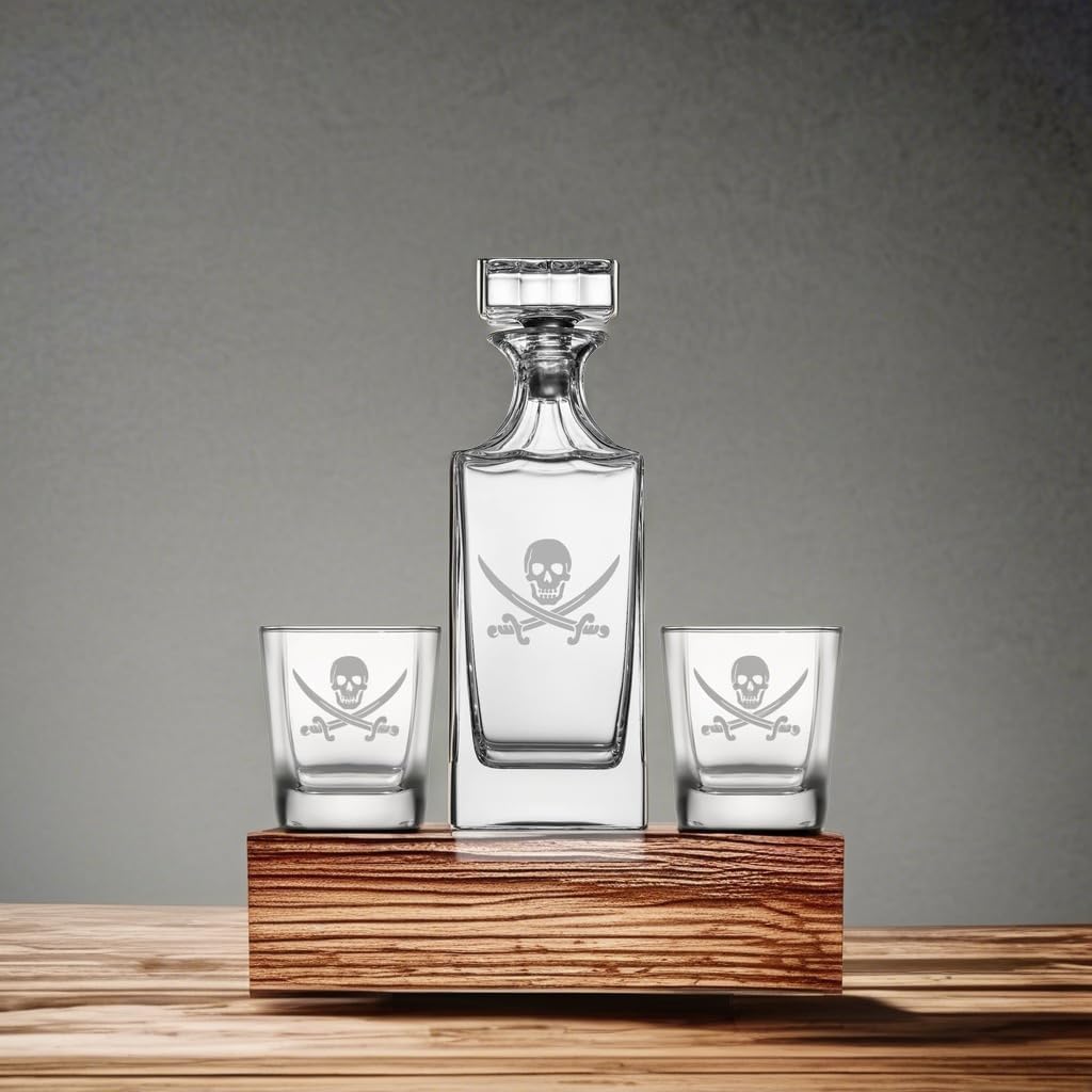 Whiskey Decanter Gift Set With 2 Whiskey Old Fashioned Rocks Glasses Jolly Roger Pirate