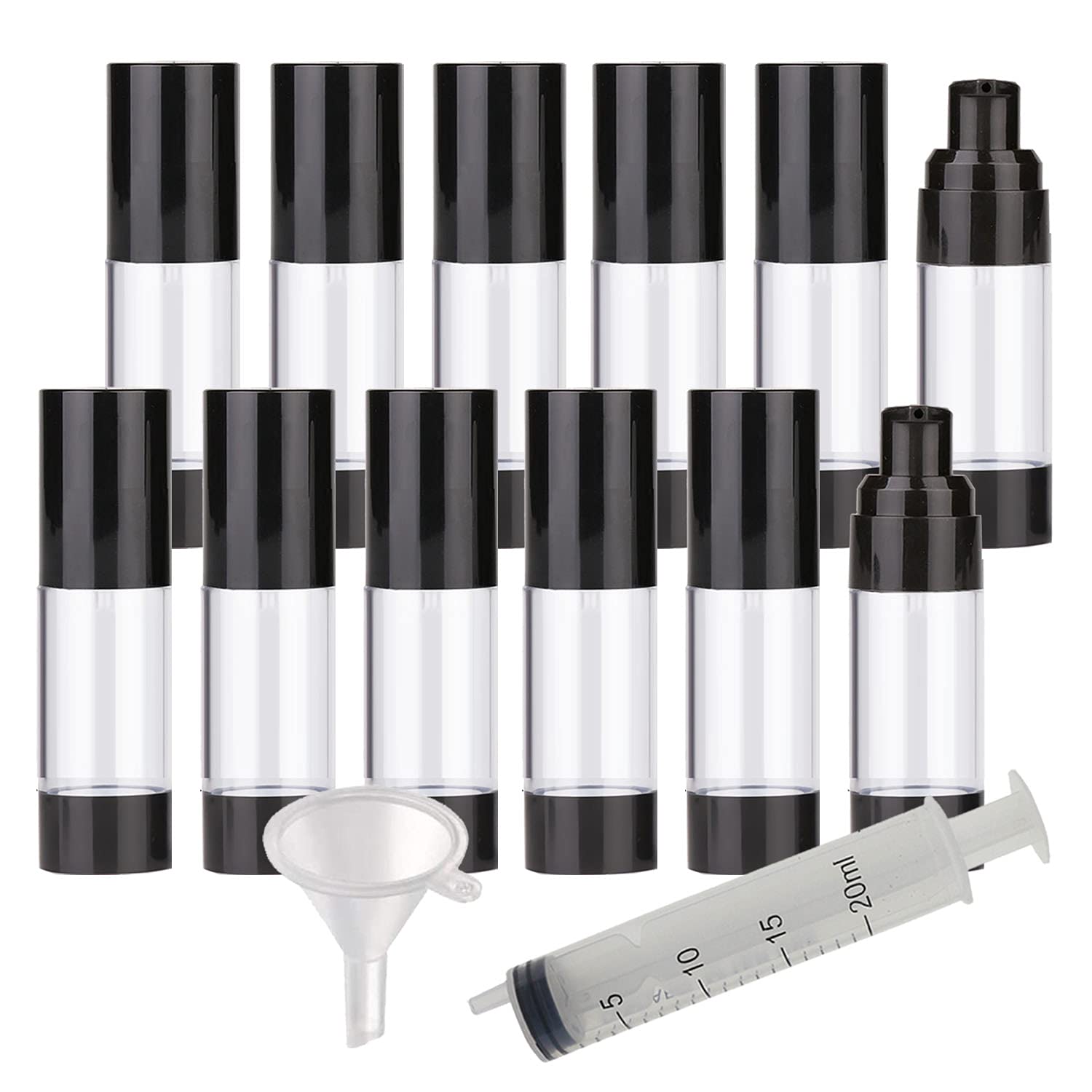 TIANZD 12 Pezzi 30 ml Plastica Bottiglie Airless Dosatori per Cosmetici, Nero Trasparente Bottiglie di Pompa Ricaricabile per Gel Dispenser, Flacone Contenitori per Liquidi Viaggio con Siringa