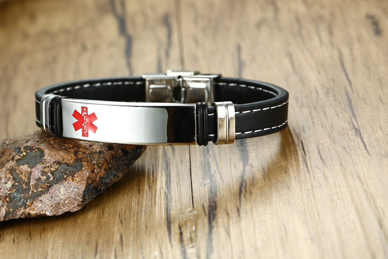 Personalized Medical Alert ID Bracelets for Men Women,Laser Engraved Stainless Steel Leather Cuff Bracelets Wristband Emergency Identification First Aid-Free Customize