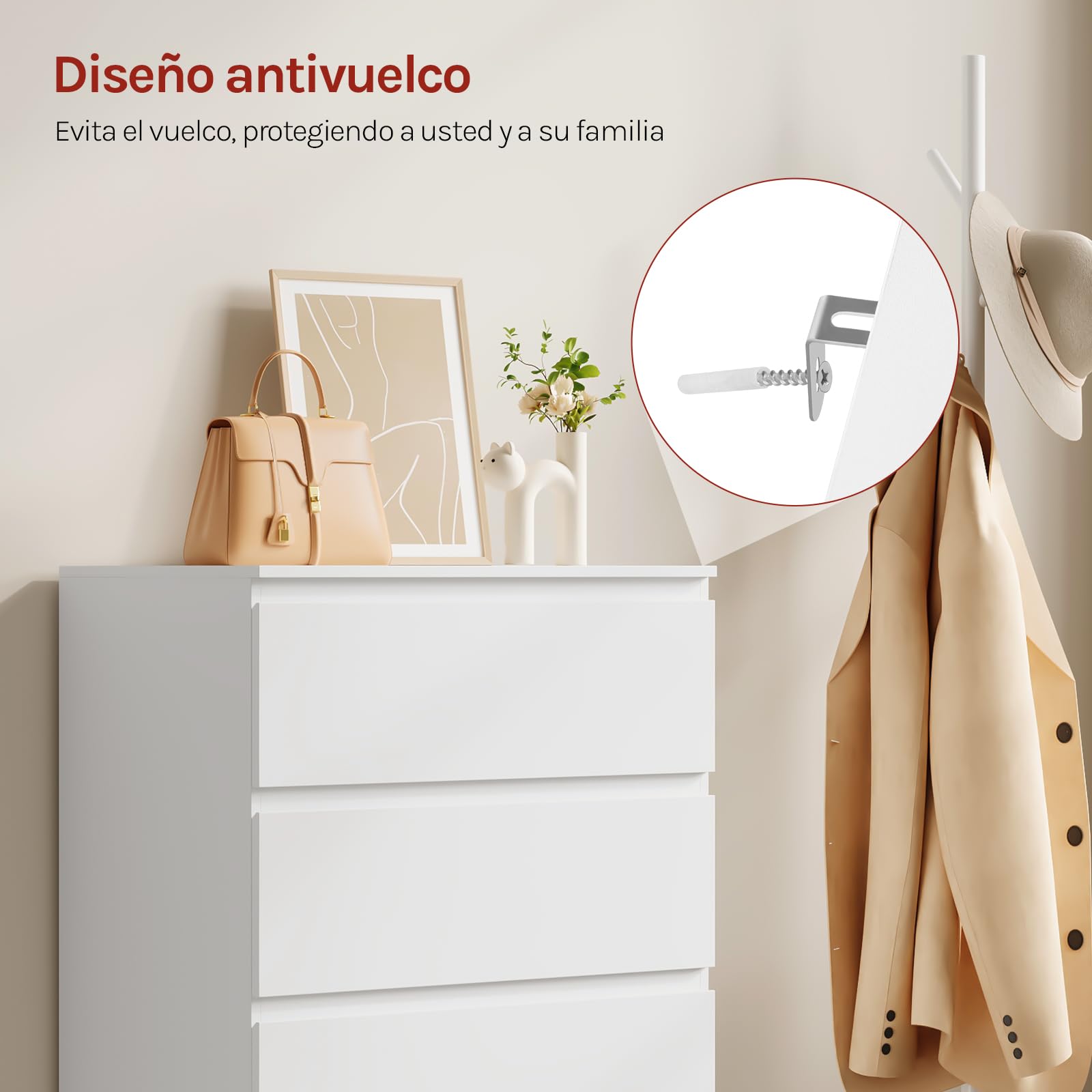 WOLTU Comoda Dormitorio, Cajonera de 5 Cajones Almacenaje, Cómoda Blanca, Mueble de Habitacion, Aparador Moderno para Salón Dormitorio, 60x37x110 cm, KMD006ws