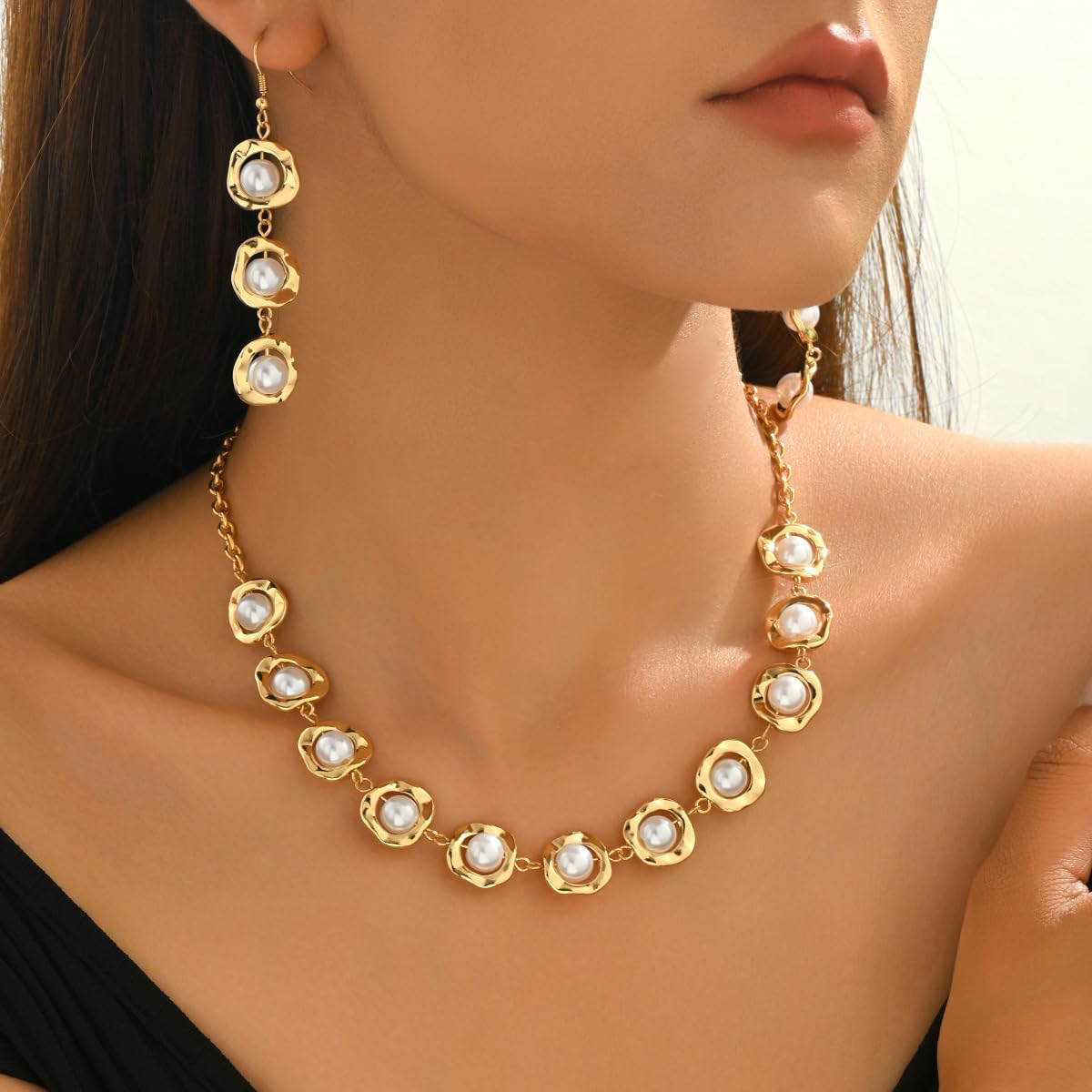 Gold Pearl Pendant Earrings Necklace Set for Women Vintage Adjustable Irregular Geometry Imitation Pearl Choker Necklace Earring Trendy Holiday Wedding Prom Jewelry Set for Women - Image 2