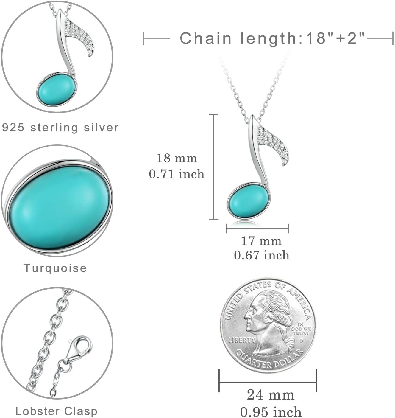 Musical Note Necklace 925 Sterling Silver Music Note Pendant Turquoise Music Jewelry for Women Musiclover Birthday Gifts - Image 6