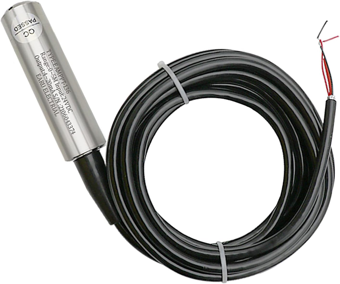 4-20MA Output Integral Level Transmitter Liquid Oil Water Level Sensor Probe 304 Stainless Steel with 0-5M Measure Range 6M Cable Detect Controller Float Switch for Pump DC10-30V Power Supply