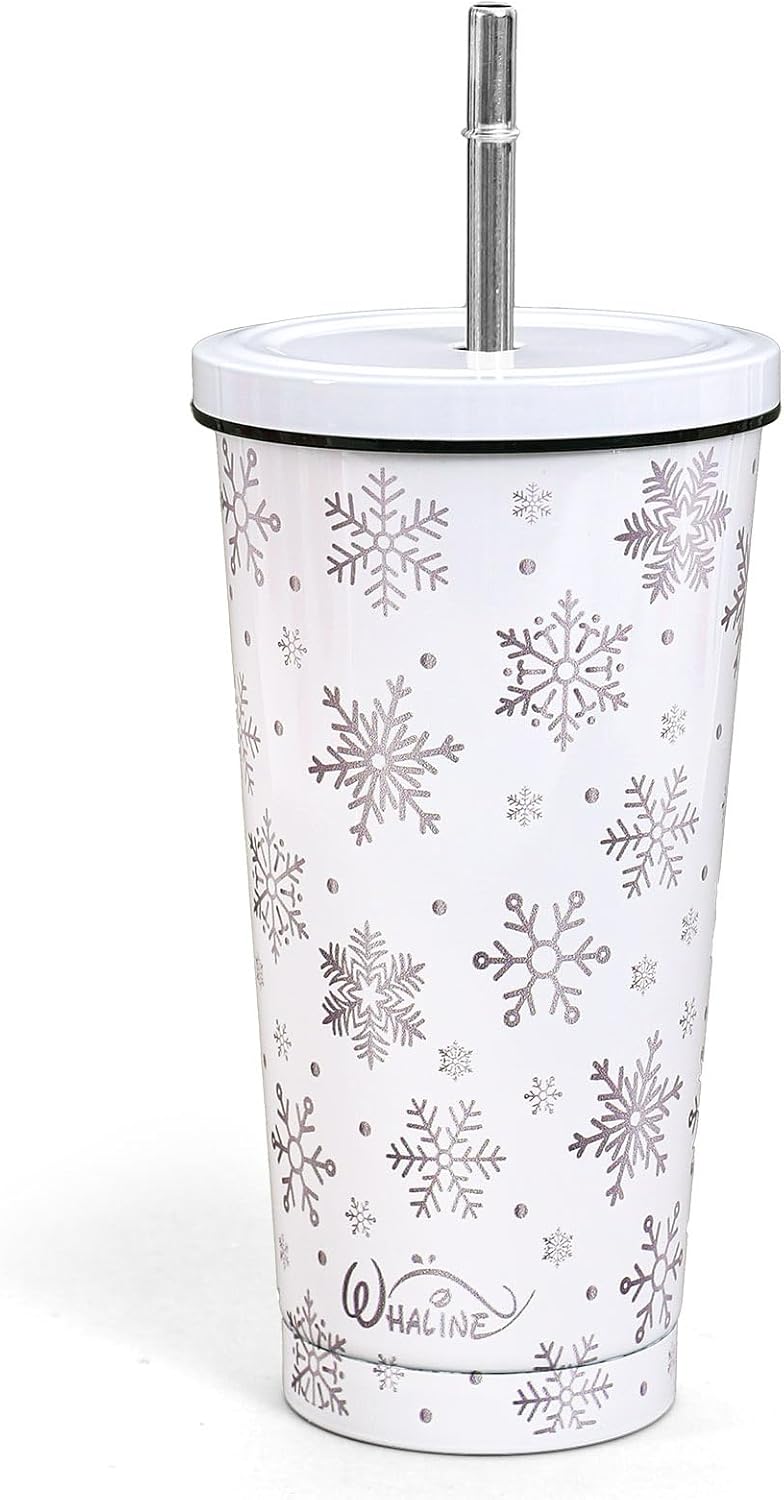 Whaline Christmas Tumbler with Lid Straw Travel Tumbler Stainless Steel Winter Snowflake Coffee Mug Cup for Women Friend Xmas Holiday Birthday Party Gift