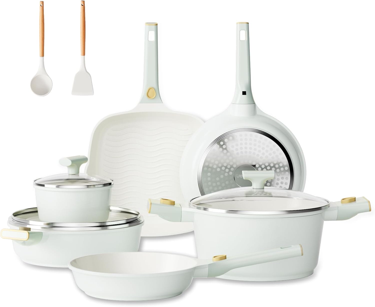 JEETEE Pots and Pans Set Non Stick 22pcs, Ceramic Cookware Set with Removable Handle, Healthy Kitchen Induction Cooking Pots Set with Detachable Handle, Oven Safe, PFAS & PFOA Free, Green, Beige