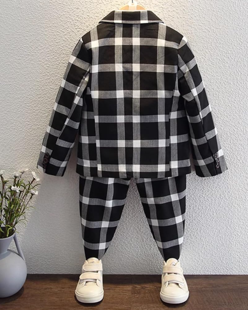 Jungen Karierter dreiteiliger Anzug Formeller täglicher One Button Peak Jacke Weste Hose Smoking