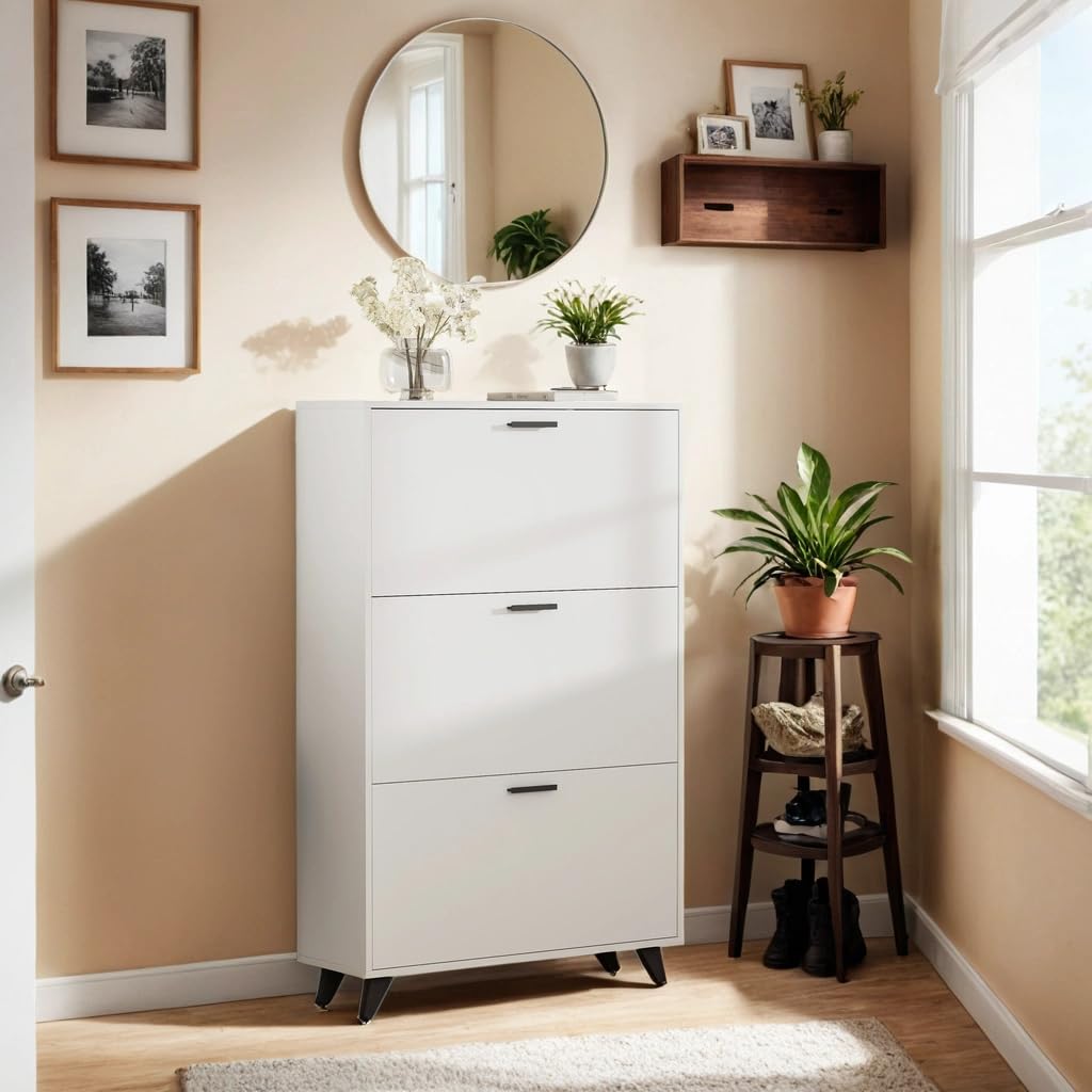 White Shoe Storage Cabinet fit up to Shoe Size 16, Shoe Cabinet with 3 Flip Drawers, Wooden shoe Organizer for Entryway, Closet, Living Room