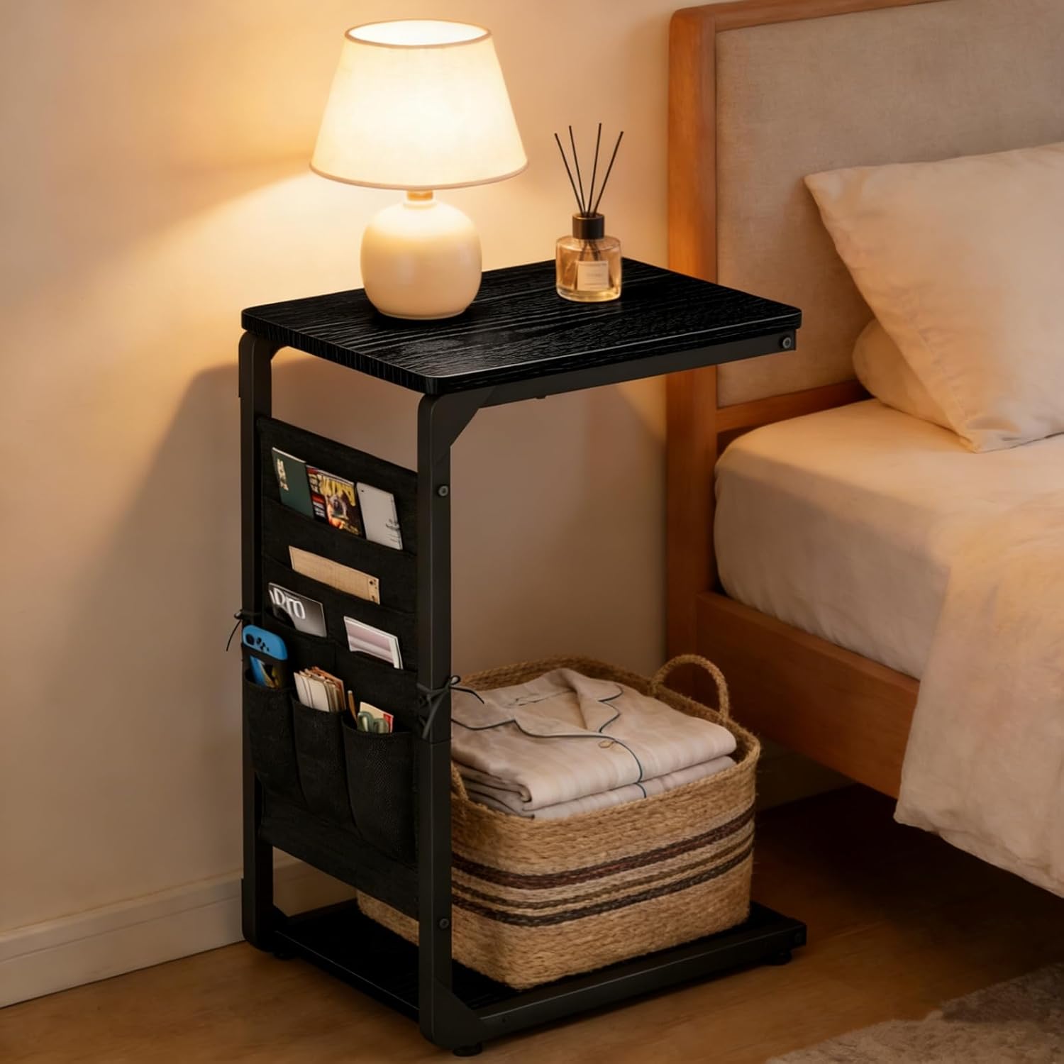 Small End Table with Storage Bag, Night Stand, Couch C Shaped Side Table, Sofa TV Tray Table, Narrow Nightstand for Bedroom, Bedside, Living Room ET-P-BK1