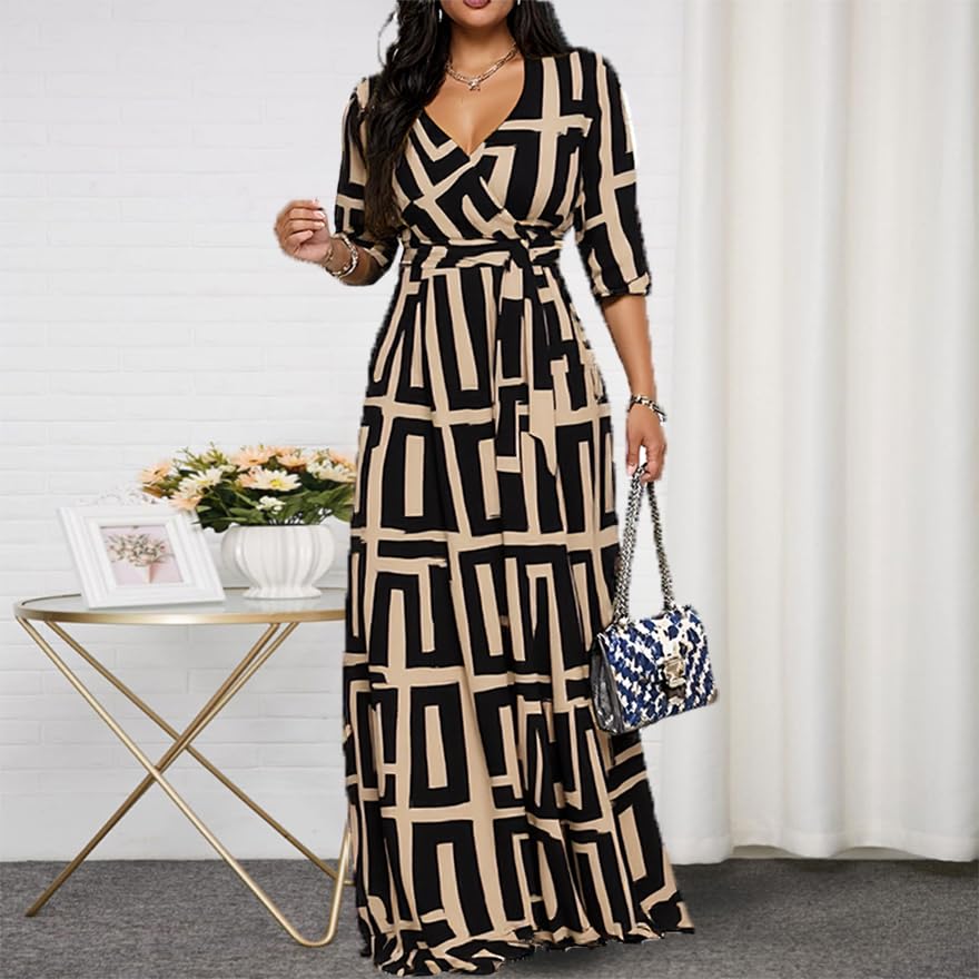 Image of CaniBtr Maxi Dresses for Women Plus Size 3 /4 Sleeve Long Dress with Belt