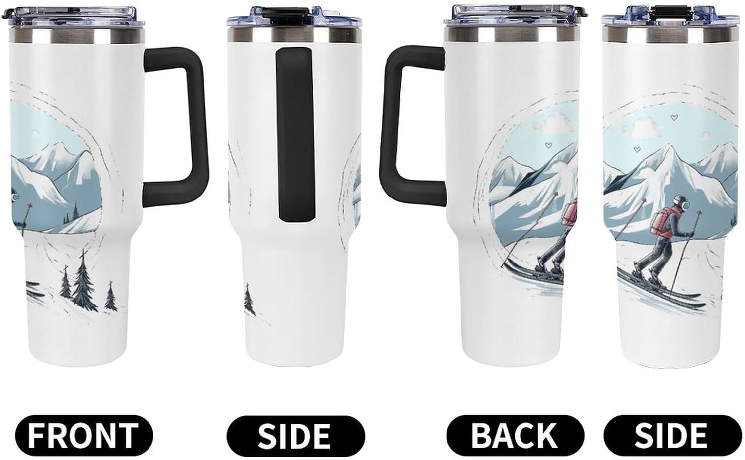 Skiing Theme Travel Coffee Mug Reusable Durable Stainless Steel Insulated Tumbler with Handle And Straw Leak Resistant Portable Thermal Cup Gifts for Men Women 40 Oz
