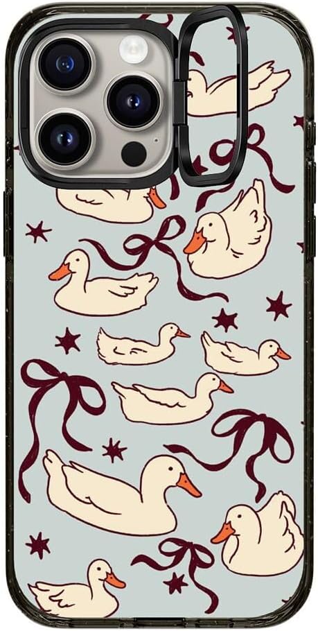 CASETiFY Impact Ring Stand Case for iPhone 15 Pro Max[3X Military Grade Drop Tested / 6.6ft Drop Protection/Compatible with Magsafe] - Ducks and Bows - Clear Black