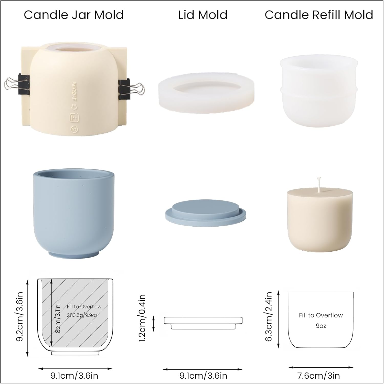 BOOWAN NICOLE Round Candle Vessels With Lid Silicone Mold, 9oz Refill Mold, Jar Mould for Jesmonite Concrete Cement (SH1023+916-2+LZ624)