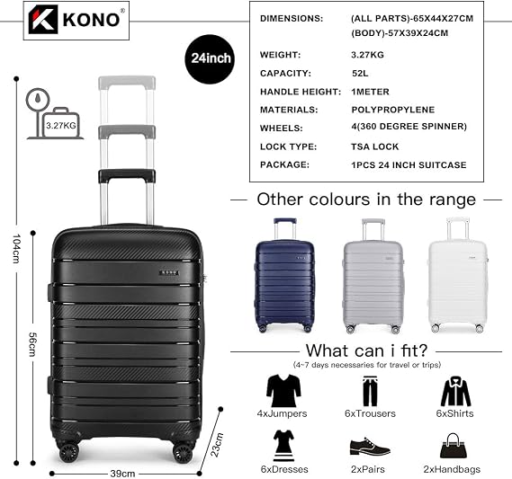 Kono Medium Hard Shell Suitcase 24 Inch Lightweight PP Material Carry On Trolley Case Travel Hand Luggage with TSA Lock 4 Spinner Wheels(Black, M(65cm, 52L))