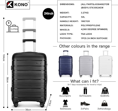 Kono Medium Hard Shell Suitcase 24 Inch Lightweight PP Material Carry On Trolley Case Travel Hand Luggage with TSA Lock 4 Spinner Wheels(Black, M(65cm, 52L))