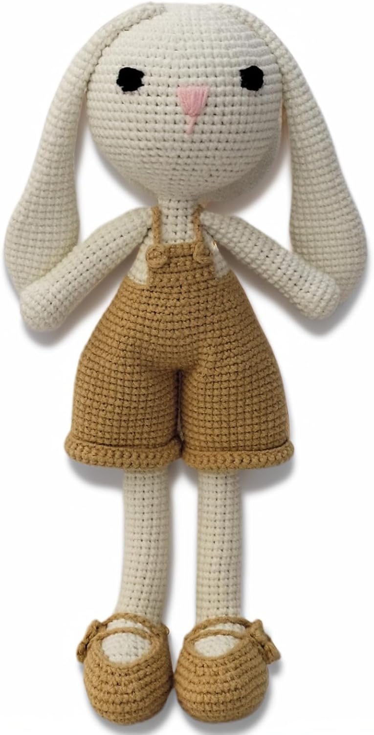 Knitted Stuffed Animal for Baby, Lop Eared Rabbit, Pink Dress Crochet Rabbit Baby Toys, Rattle Bunny Toy for 3 4 5 Year Old Girl(10.6 Inches)