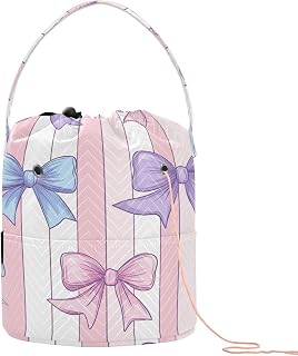 YETTASBIN Beautiful Bow Yarn Storage Bag, Large Crochet Knitting Bag Organizer Portable Drawstring Tote for Crocheting Projects, Hold Skeins Balls, Yarn Needles Accessories - Gift for Knitters