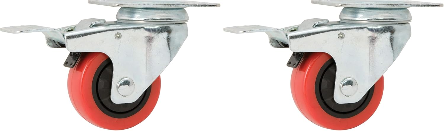 Titan 3" Polyurethane (PU) Swivel Plate Caster Wheel + Brake, 175-lb. Capacity, Red (Pack of 2)