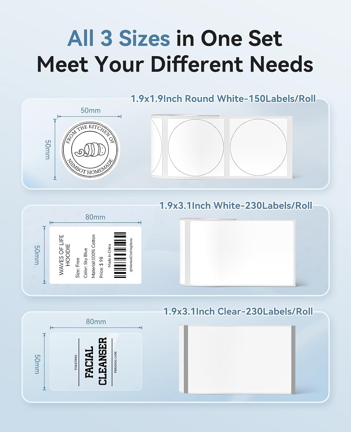 NIIMBOT 3 Roll Labels, 50x80mm White/50x80mm Clear/50x50mm White Round, Comptible with B1 B21 B21 Pro Label Maker, for Kitchen Jar/Address/Price/Gift