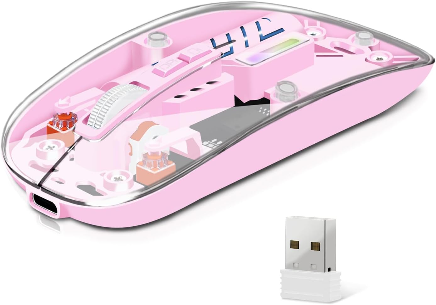 Wireless Mouse, Computer Mice with Dual Mode (2.4G + BT5.2) Connectivity, Optical Mouse with Transparent Shell, Rechargeable Battery, Bluetooth Mouse for Laptop,PC,iPad,MacBook,Desktop (Pink)