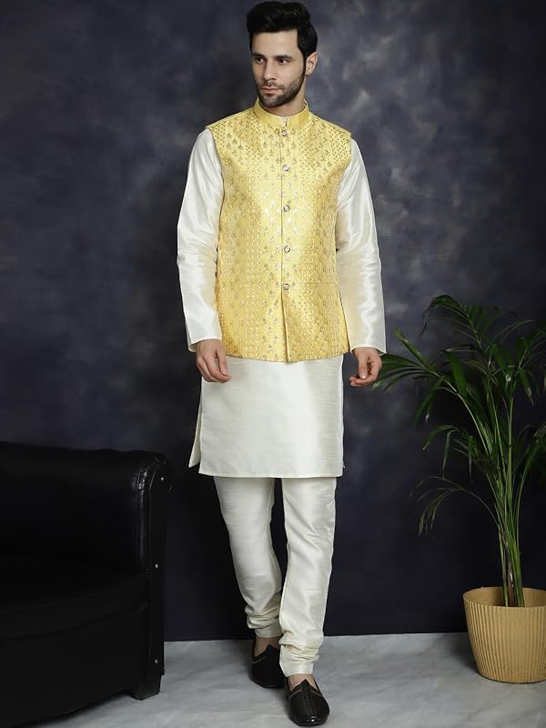 Maple Clothing Men's Nehru Jacket Sleeveless Outerwear Vest Chikankari Indian Waistcoat (Yellow, L) by Maple Clothing - Used condition - Image 4