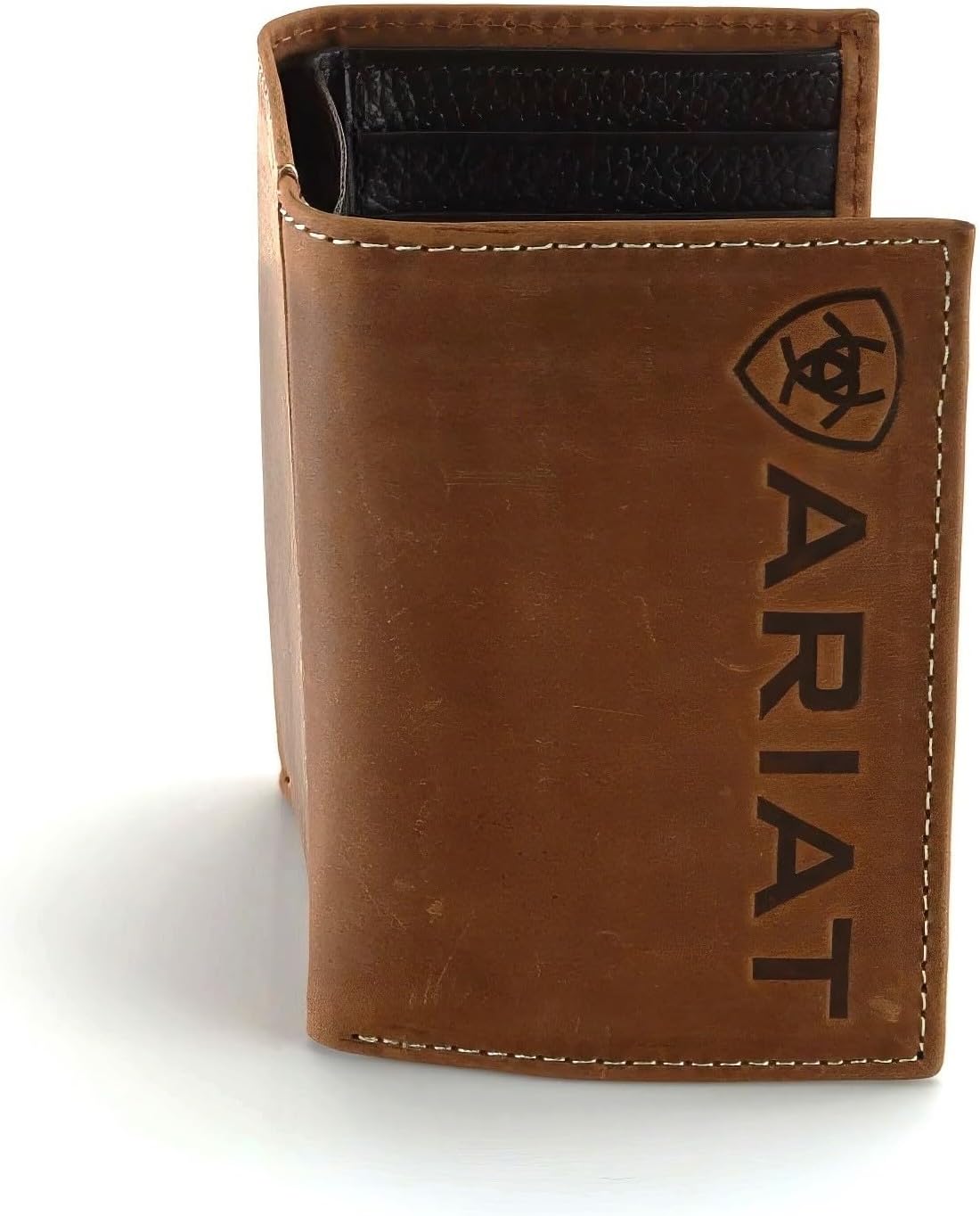 ARIAT Men’s Western Leather Trifold Wallet with Vertical Debossed Logo, Brown