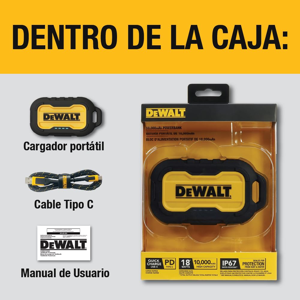 DEWALT Power Bank Resistente de Uso Intensivo, Batería Externa Portátil 10.000 mAh con Puerto USB-C, Cargador de Viaje y Trabajo para iPhone 17/16 Plus Pro MAX, iPhone 15/14/13, Samsung Galaxy | Batería con puerto USB-C para iPhone 17/16 Plus Pro Max, iPh