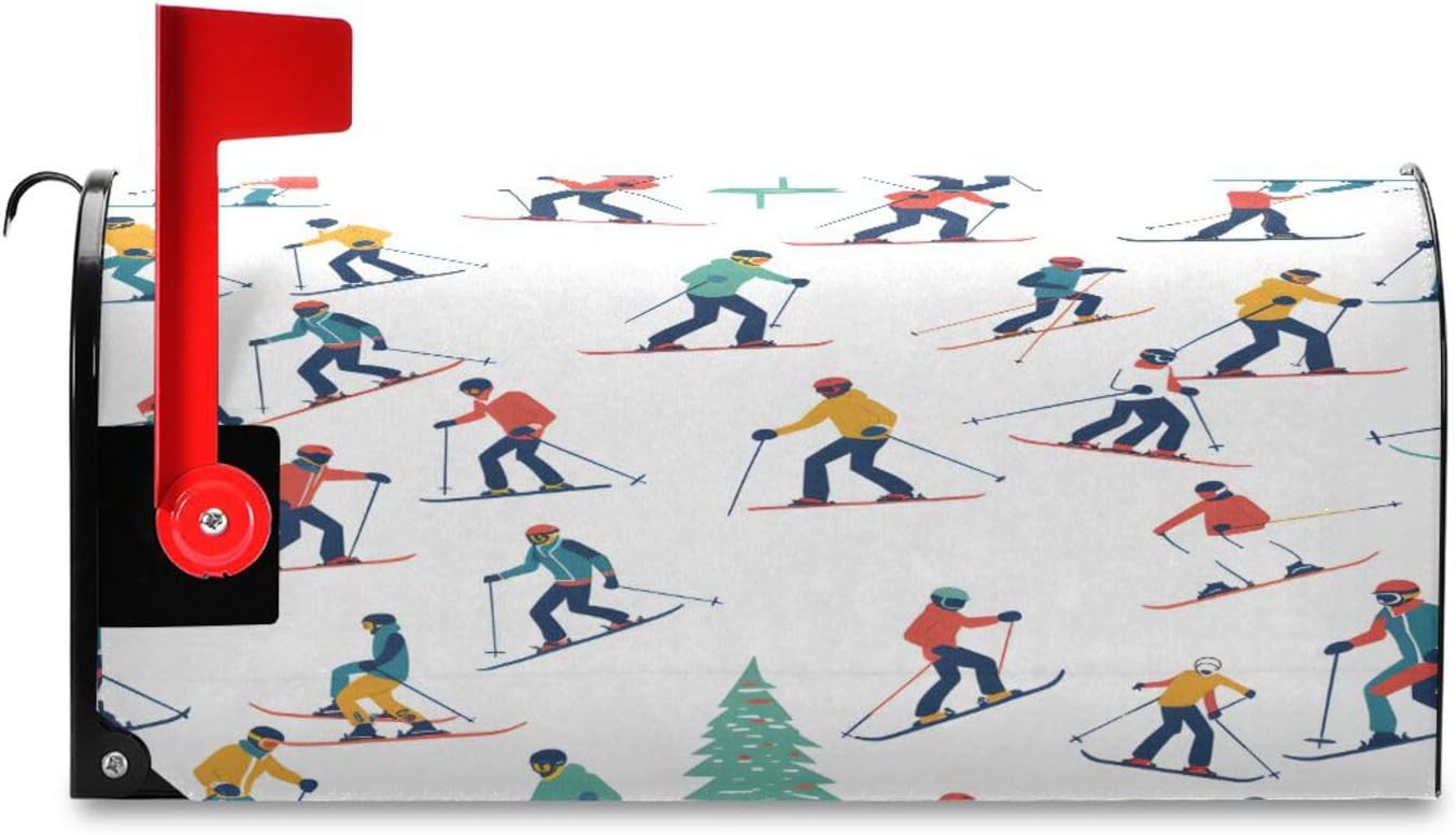 senya Christmas Mailbox Covers, Winter Sports Skiers Mailbox Covers Oxford Cloth Post Box Cover with Magnetic Strip for Garden Yard Decor