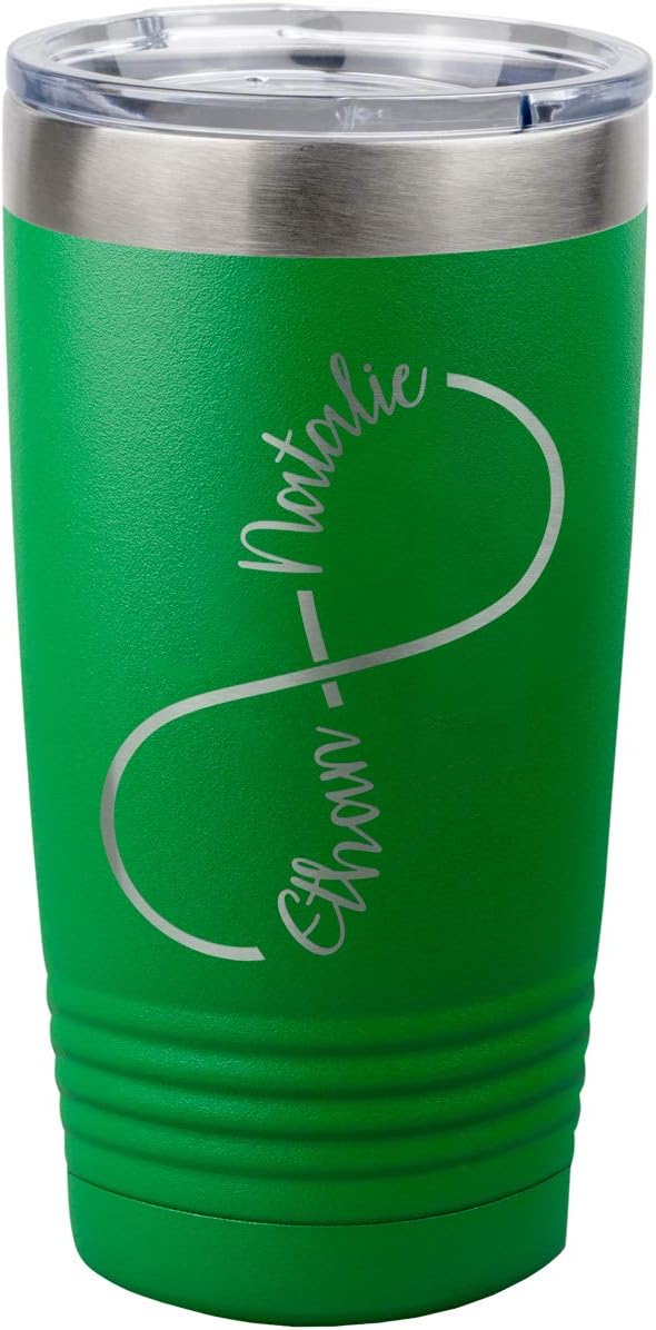 PlaqueMaker Customizable Infinity Love Coffee and Drink Tumblers with Lid and Optional Straw - Include your Names Within the Infinity Symbol and Add An Optional Personal Message to the Back (Green)