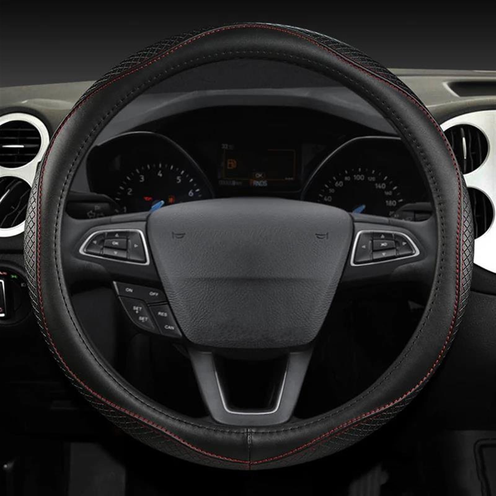 Interni Auto Eleganti In Pelle Antiscivolo Coprivolante Accessori Per Ford Per Fusion Per Mondeo Per Focus GT Ka(Black red O shspe)
