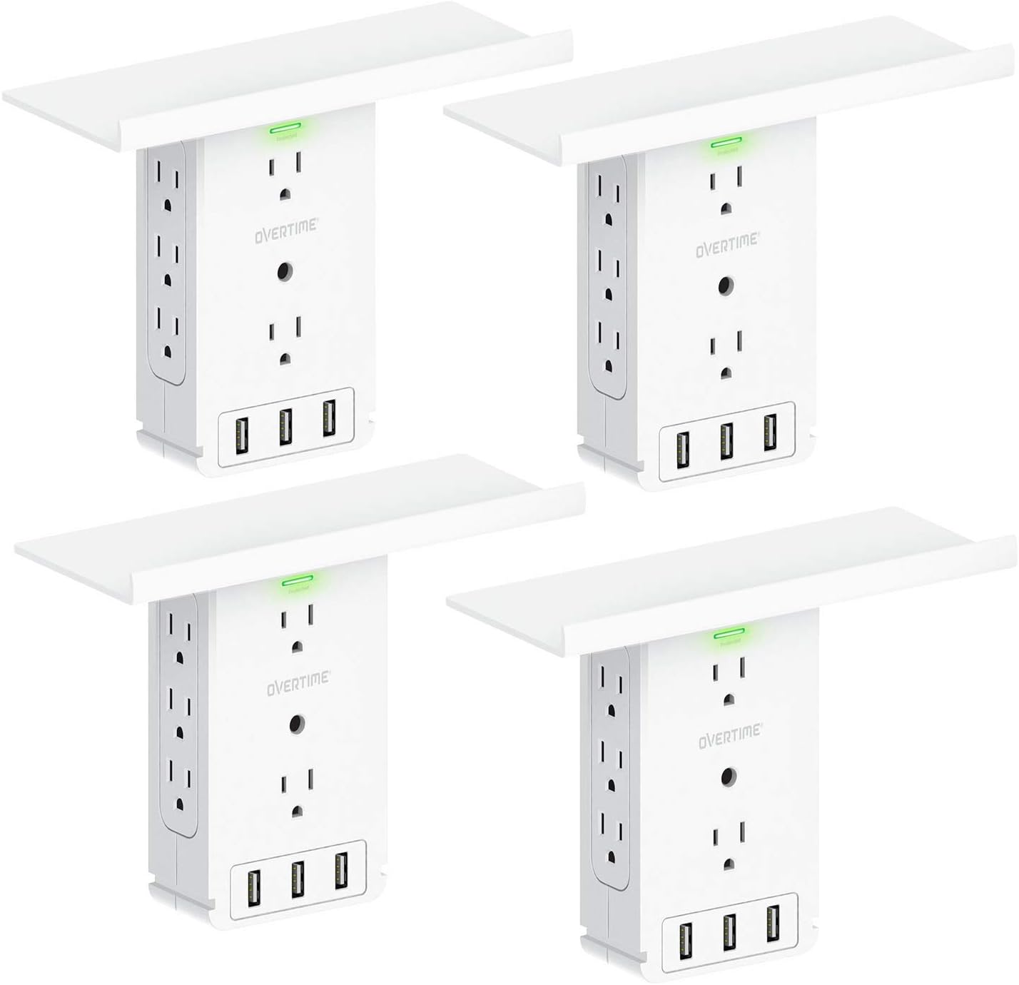 Overtime Multi Plug Outlet Extender and Universal Wall Charging Station | 8 Outlet Plug Extender with 3 USB Charging Ports and Organizer Shelf - White Wall Socket Outlet Extender (4-Pack)