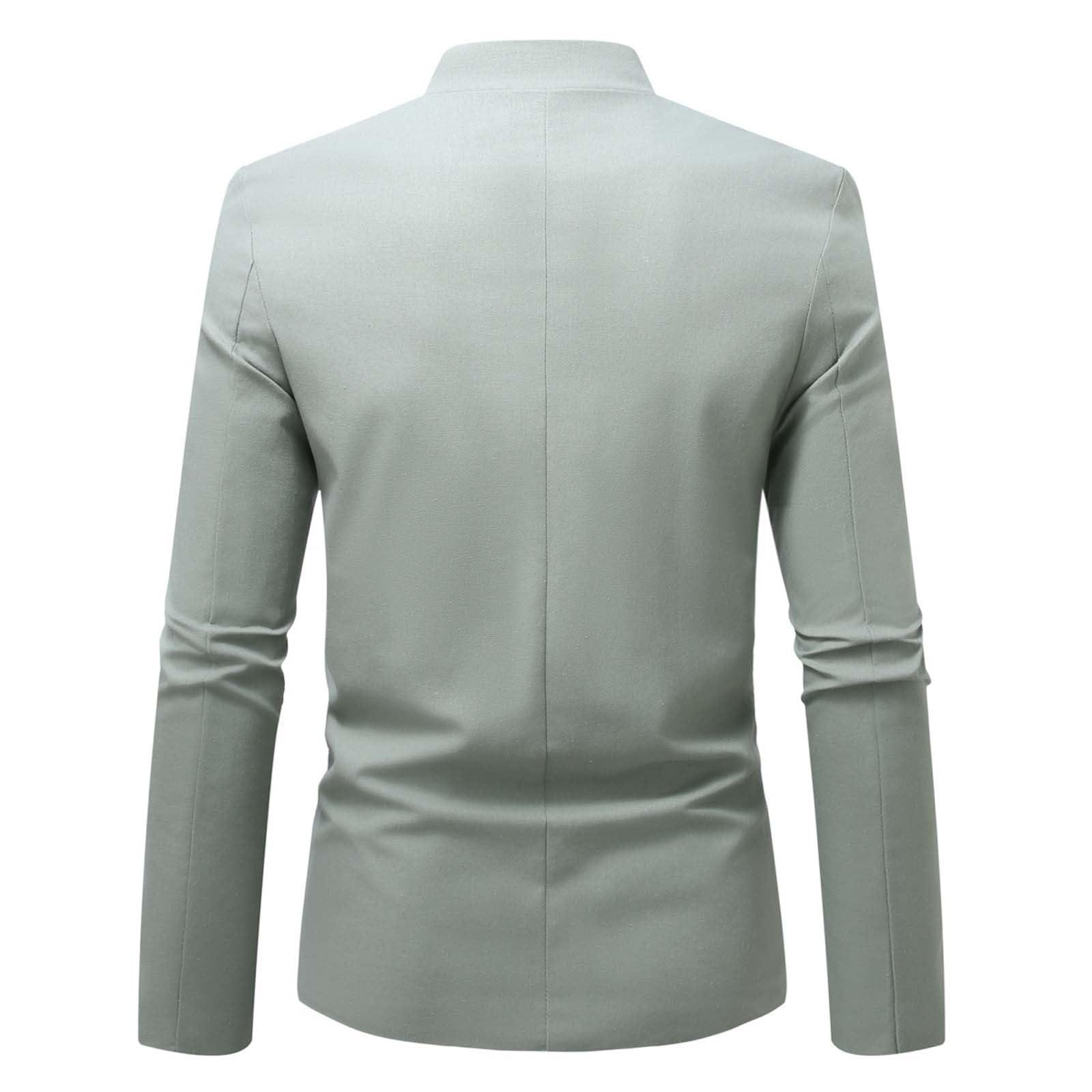 Generisch Sakko Blazer à col montant pour homme - Veste en lin fine - Couleur unie - Coupe droite - Veste en lin légère - Veste d'affaires formelle