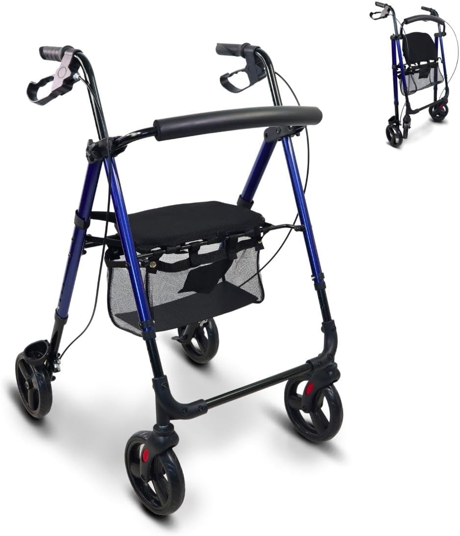 Mobiclinic®, Rollator 4 Wheel, Mobility Walker, Folding, Lightweight, Aluminium, Walking aids Augusto, Adjustable Legs and seat, Brakes on Handles,with Walking Stick Holder, with Basket