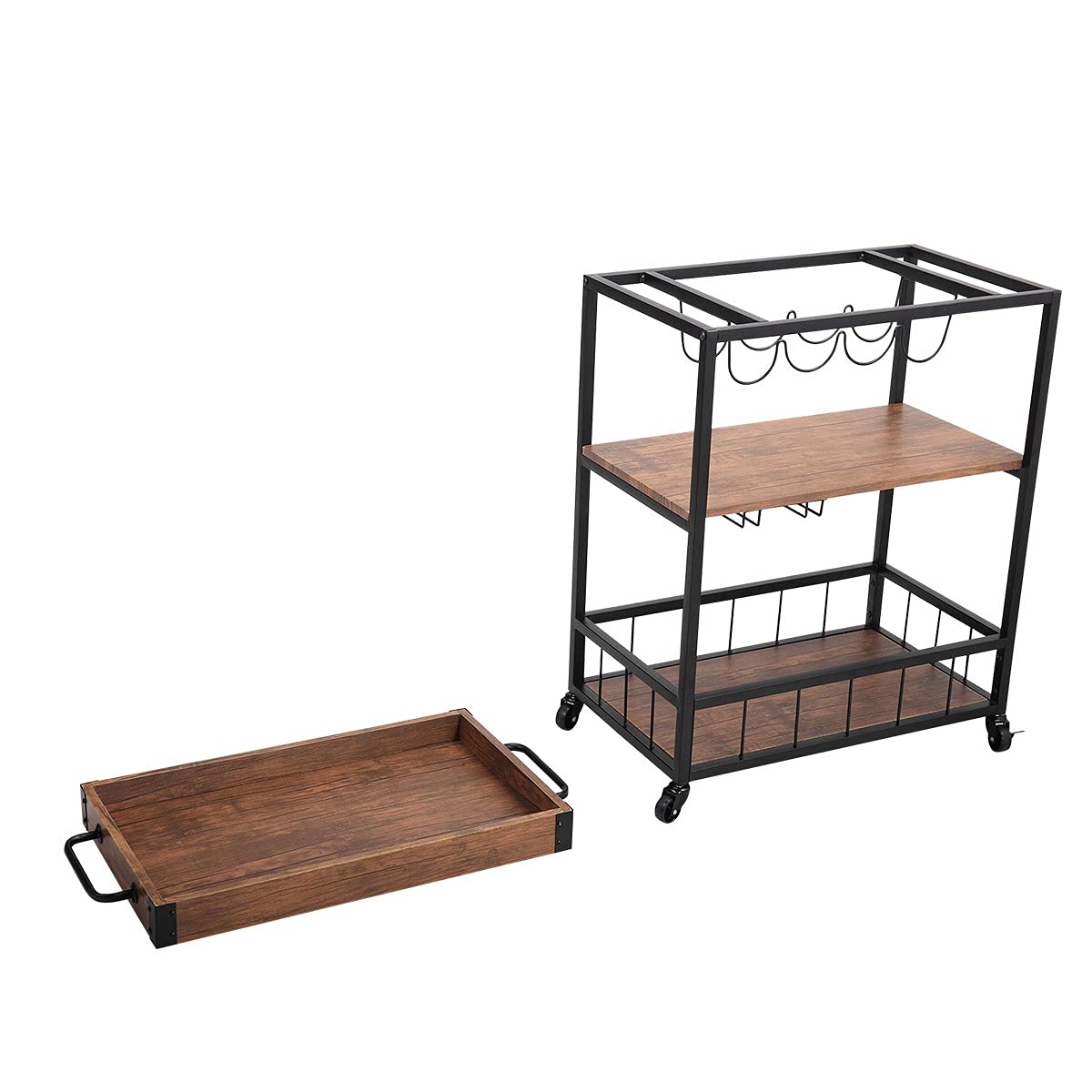 Bar Cart, Kitchen Serving Cart on Wheels with 3Tier Storage Shelves