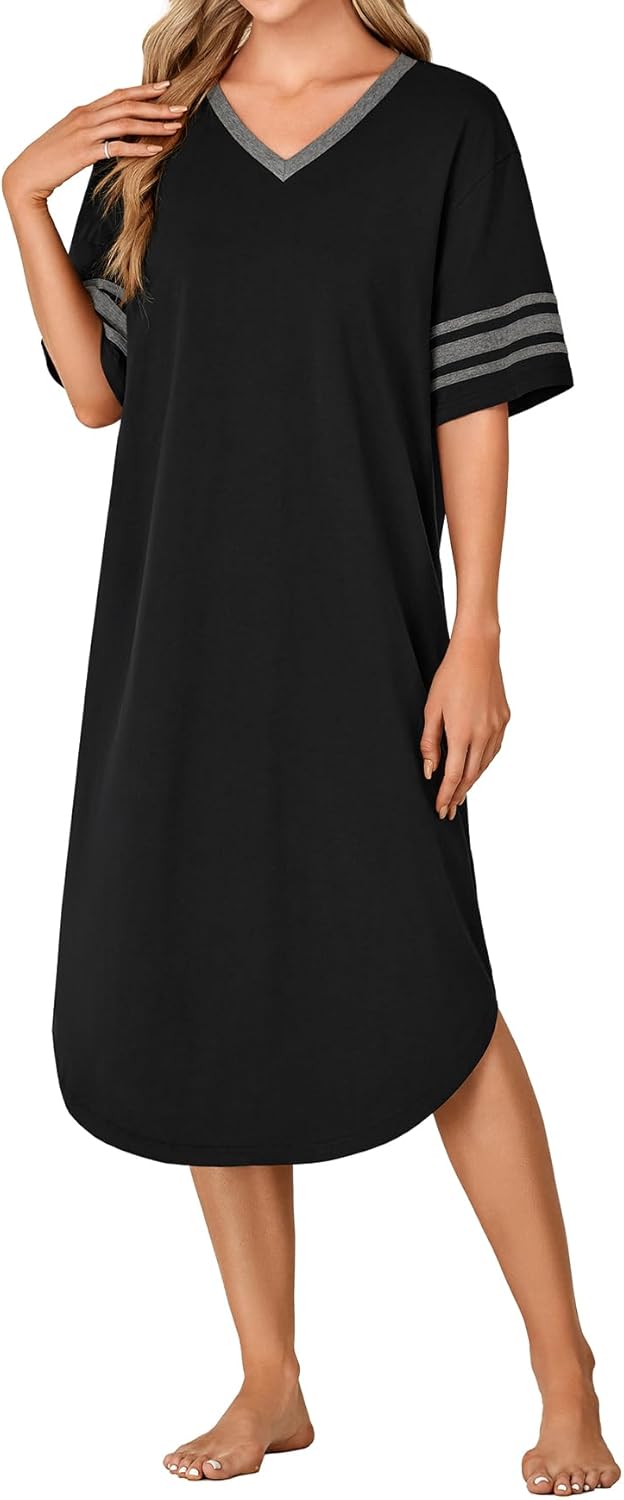OPOIPIN Women's Nightgown V Neck Short Sleeve Sleepshirt Casual Loose Fit Nightdress Loungewear - Image 3