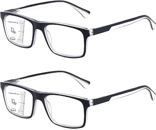 Missfive 2-Pack Light Multifocus Progressive Reading Glasses Men, Blue Light Blocking Multifocal Spring Hinge Trifocal Readers No-Line Stylish Black Eyeglasses(Workspace For Near Range, +2.25)