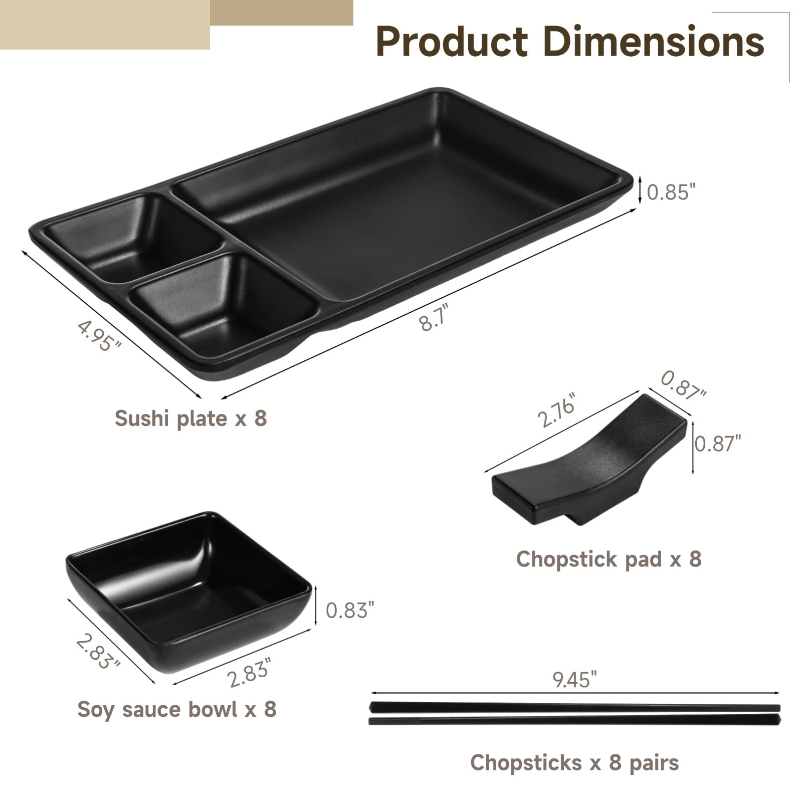 Homaisson Juego de 8 platos de sushi, kit completo con palillos, platos de sushi, cuencos de salsa de soja, soportes para palillos, juego de vajilla japonesa para servir sushi